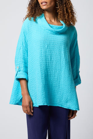 Waffle Linen Cowl Neck Tunic in Turquoise