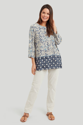 Izzy Tunic Woodcut Floral Border Print in Blue