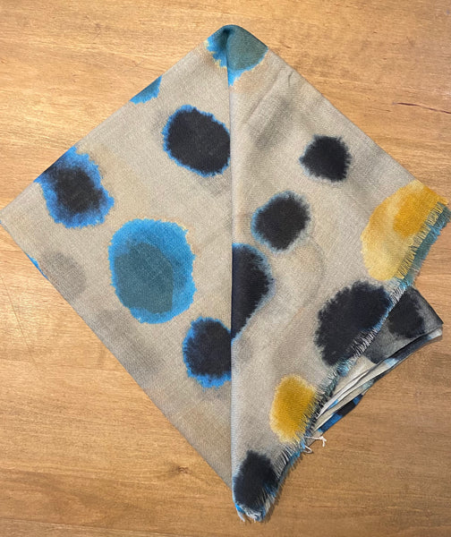 Painterly Splodges in Blues, Yellows and Blues Merino Silk Mix Scarf
