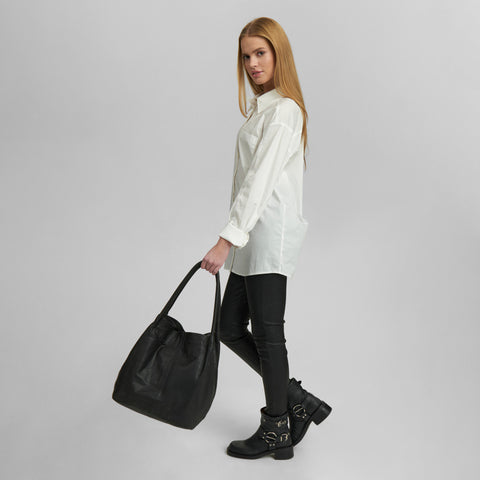 Shopper Style Leather Bag in Black and Brandy