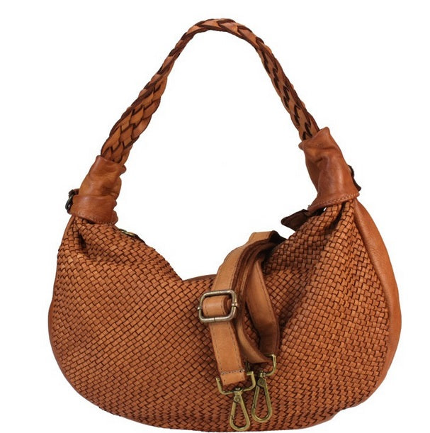 Boat Shaped Woven Leather Bag in Tan