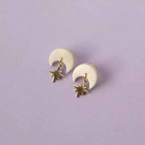 Celestial Gold Star Stud Earrings in Pearly White