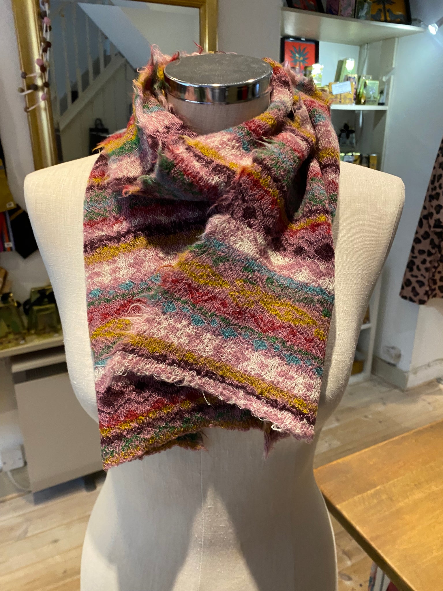 Japanese Pure Merino Wool Scarf in Red Multi