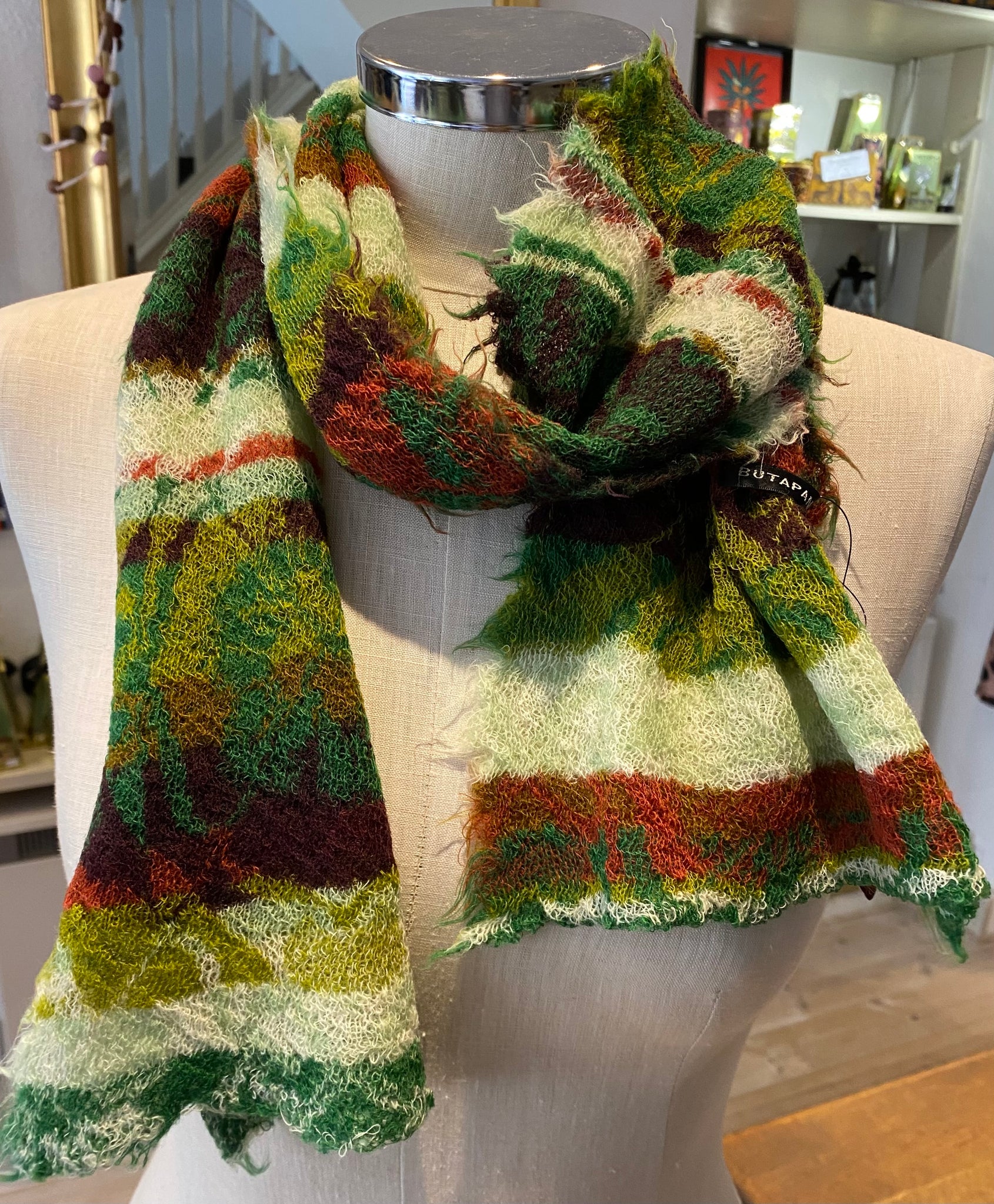 Japanese Pure Merino Wool Scarf in Green Multi