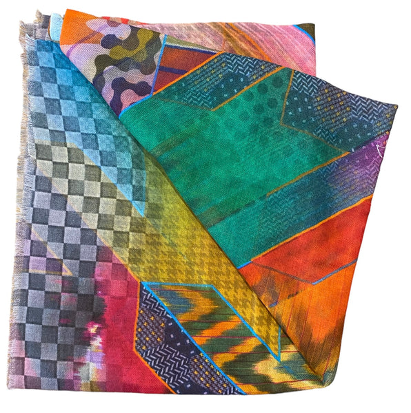 Silk Merino Mix Scarf in Multi Colour Geometric Pattern