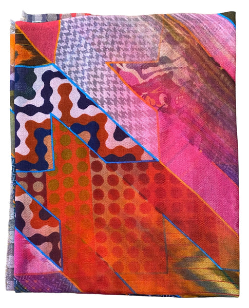 Silk Merino Mix Scarf in Multi Colour Geometric Pattern