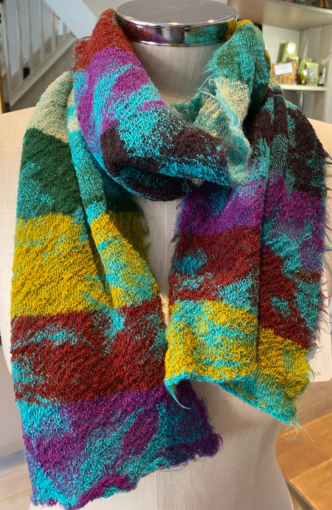 Japanese Pure Merino Wool Scarf in Blue Multi