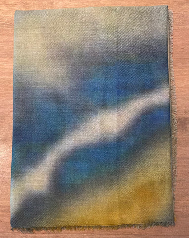 Water Colour Effect Merino Blend Scarf Printed in Greens, Blues & Yellows