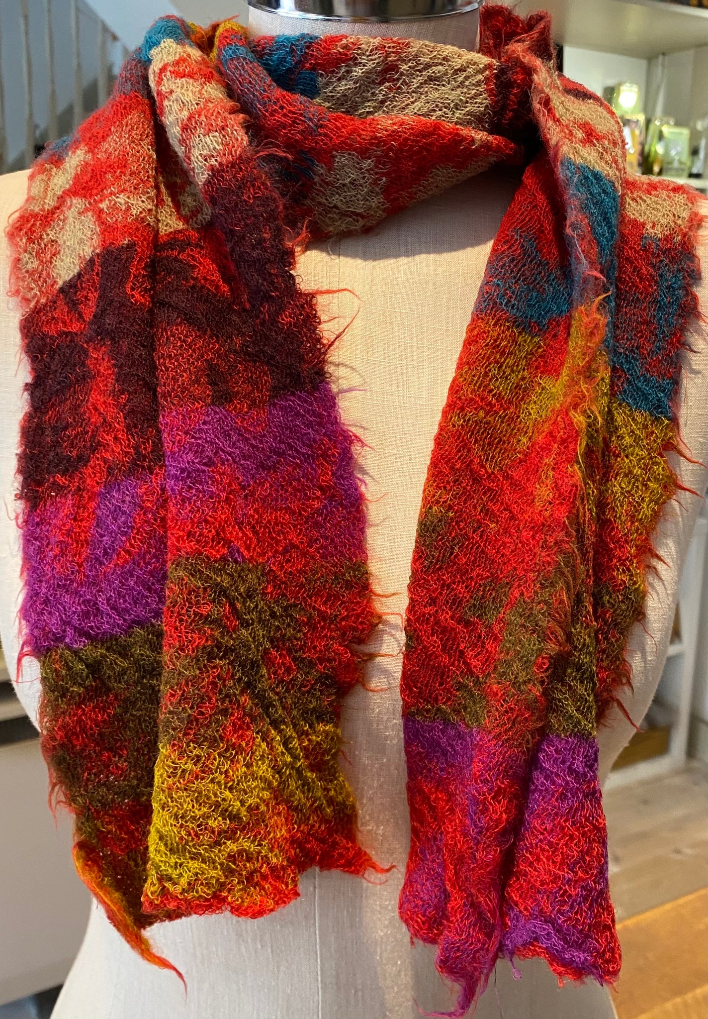 Japanese Pure Merino Wool Scarf in Red Multi
