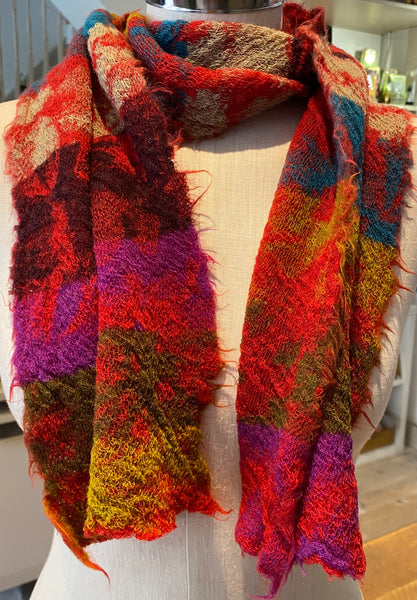 Japanese Pure Merino Wool Scarf in Red Multi