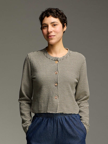 Black Stripe Doublecloth Crop Asymmetrical Cardigan in Squirrel