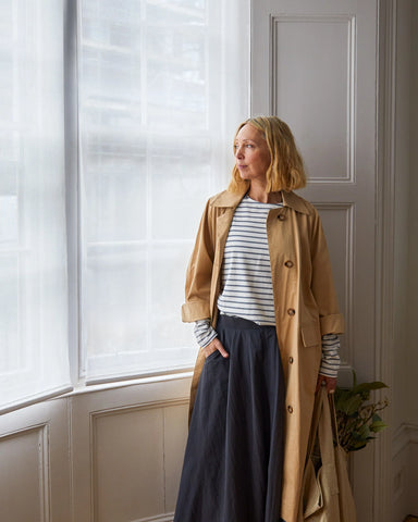 Piper Trench Coat In Navy and Beige
