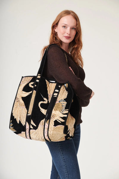 Crane Black Velvet Tote Bag