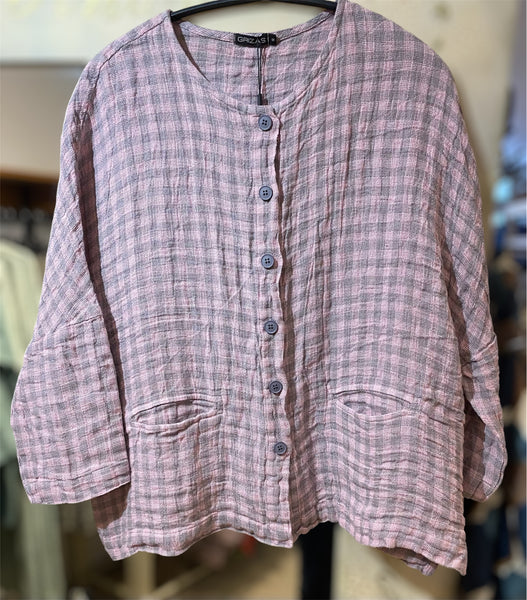 Pink Check Linen Jacket Blouse