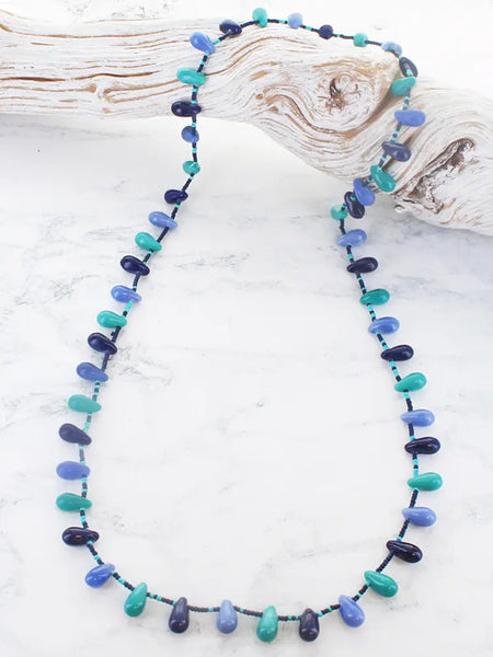 Long Glass Bead Necklace Blue & Mixed
