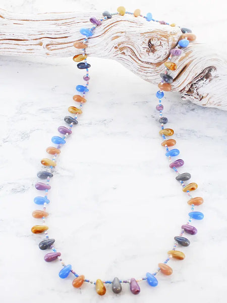 Long Glass Bead Necklace Blue & Mixed
