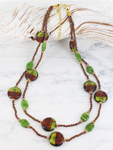 Double Strand Glass Disc Necklace Green
