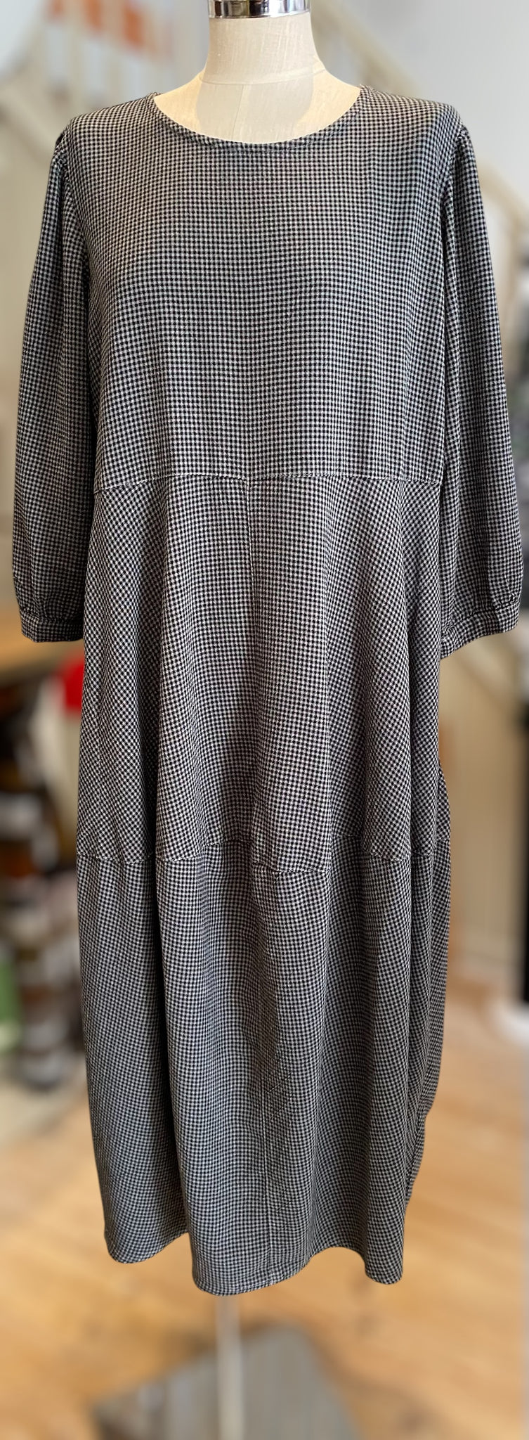 3/4 Sleeve Bubble Dress in Mini Check Seal