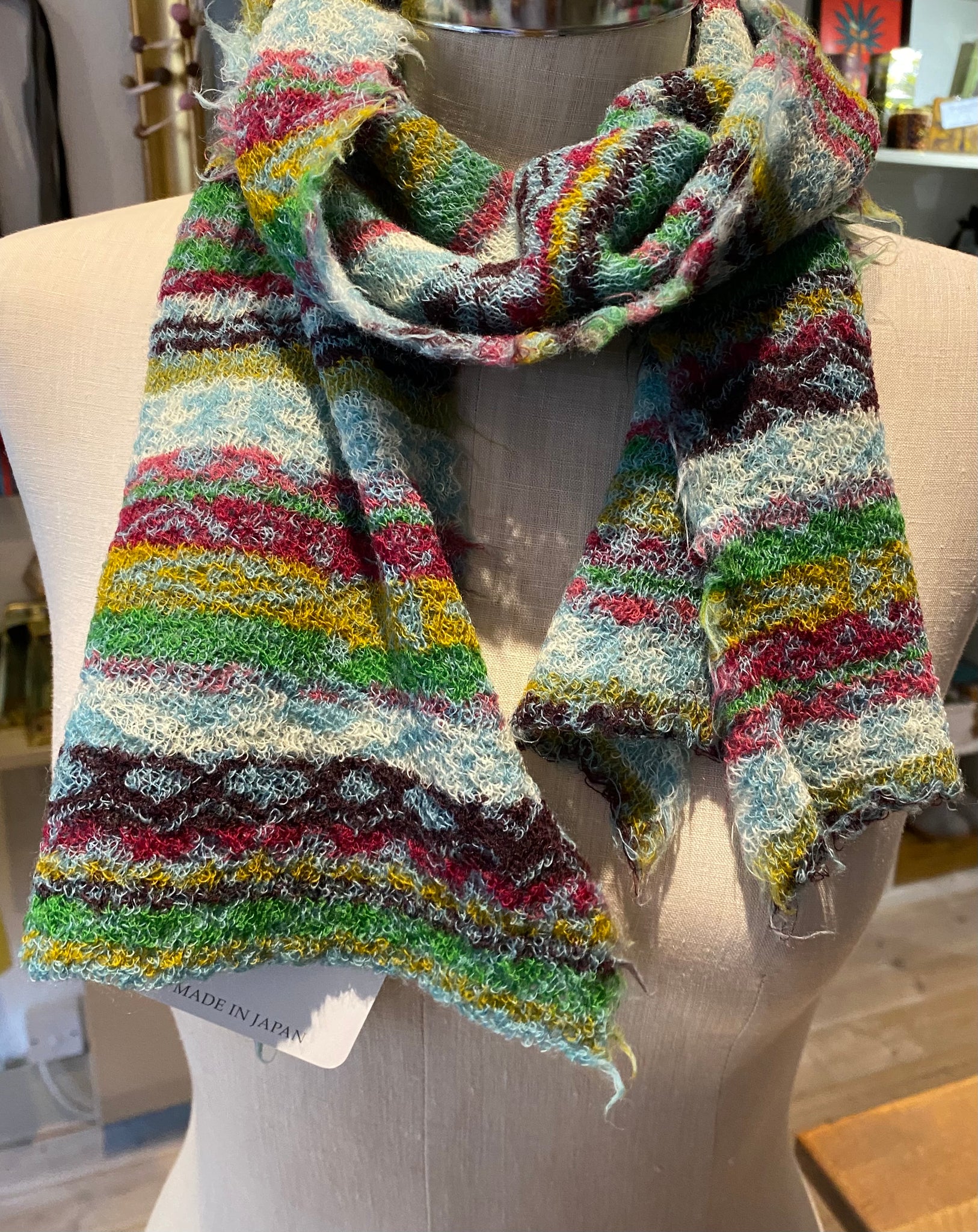Japanese Pure Merino Wool Scarf in Blue Multi