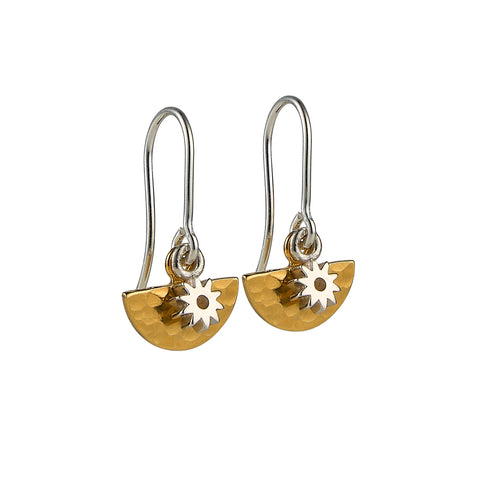 Mini Hammered Gold Semi Circle Hook Earrings with Mini Silver Flowers