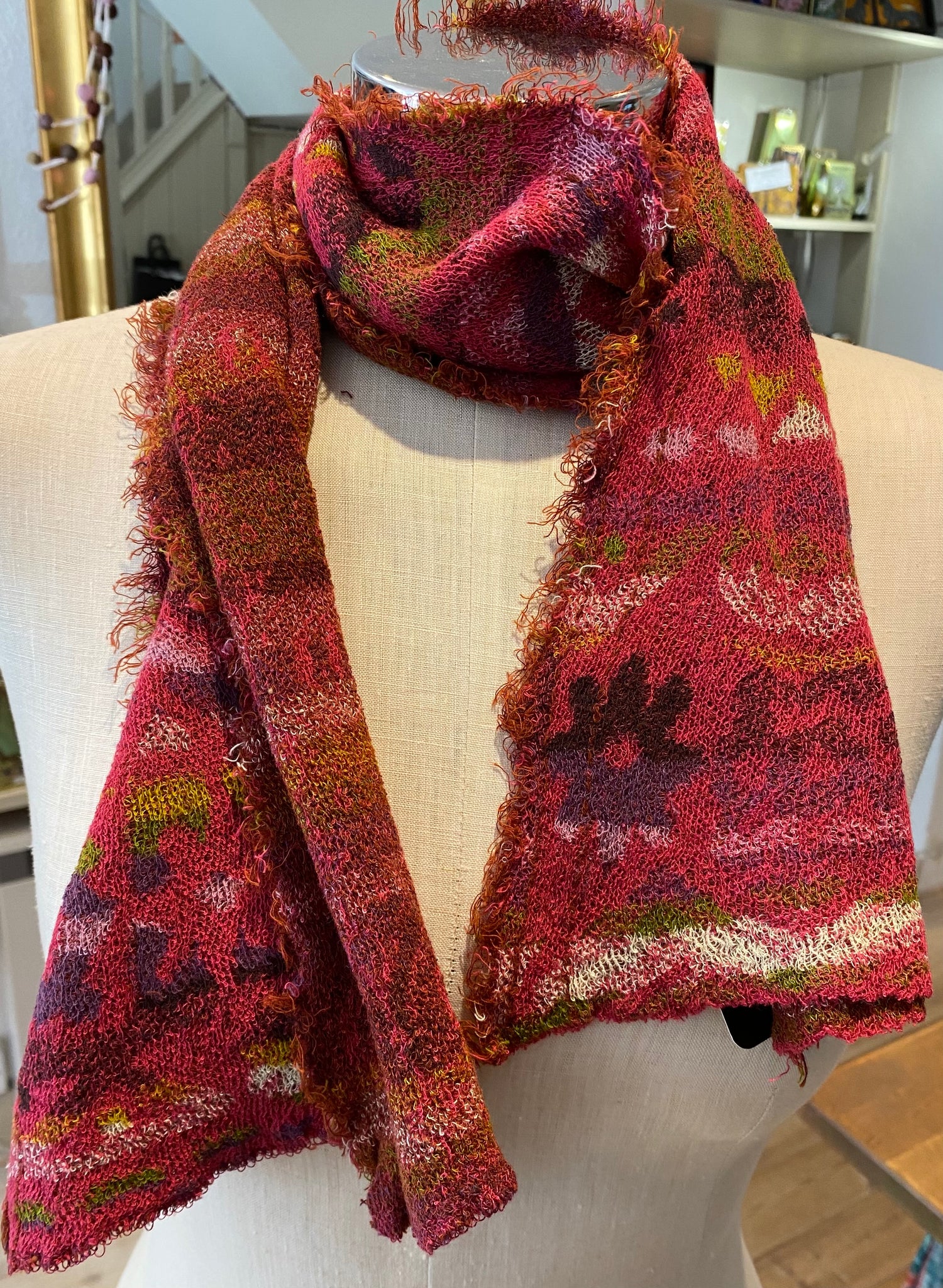 Japanese Pure Cotton Scarf in Rose Red Multi