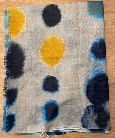 Painterly Splodges in Blues, Yellows and Blues Merino Silk Mix Scarf
