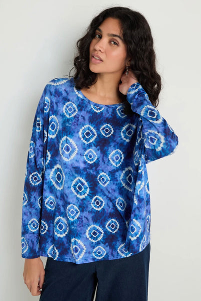 Tie Dye Circles Jersey Boxy Top Blue White