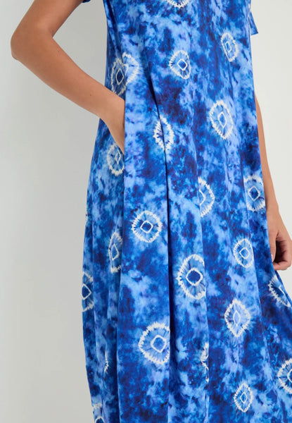 Tie Dye Circles Jersey Bubble Dress Blue White