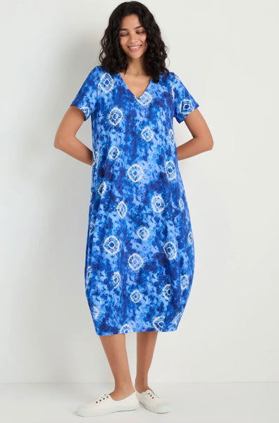 Tie Dye Circles Jersey Bubble Dress Blue White