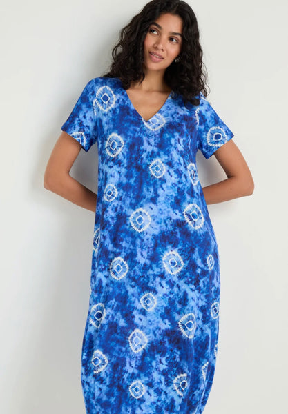 Tie Dye Circles Jersey Bubble Dress Blue White