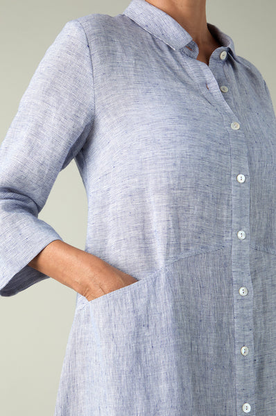 Ticking Linen Striped Shirt Dress Blueberry/White