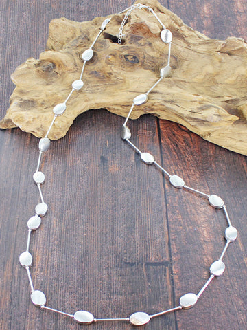 Long Silver Oval Disc Necklace