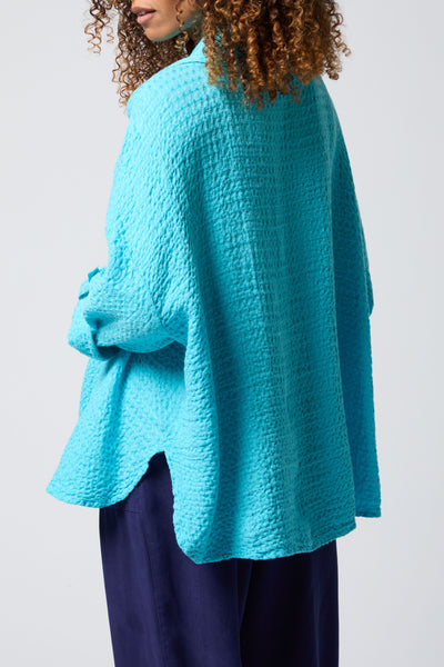 Waffle Linen Cowl Neck Tunic in Turquoise