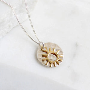 Hammered Silver Disc with Gold Sun Charm Neclace