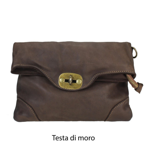 Leather Bag with Metal Fastening in Black, Dark Brown, Military and Cognac