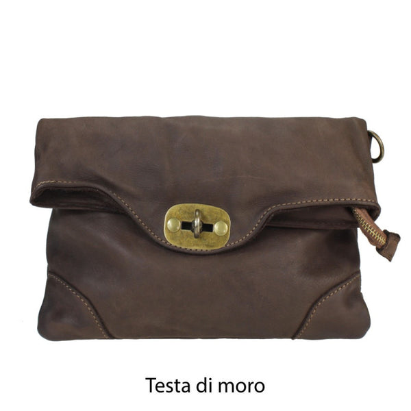 Leather Bag with Metal Fastening in Black and Dark Brown