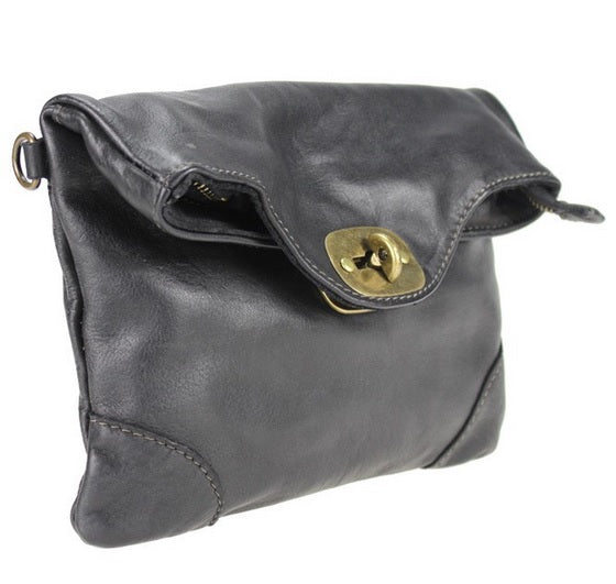 Leather Bag with Metal Fastening in Black, Dark Brown, Military and Cognac