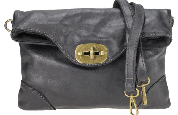 Leather Bag with Metal Fastening in Black, Dark Brown, Military and Cognac