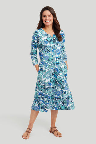 Becki Dress in Scribbly Floral Print Blue Mix