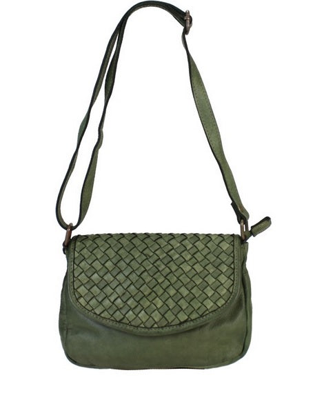 Small Woven Leather Bag in Dark Brown and Military