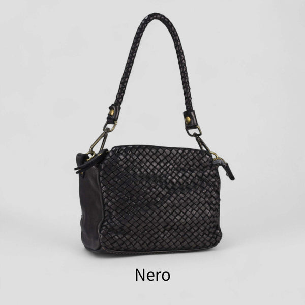 Woven Leather Handbag with Shoulder Strap Cognac and Black