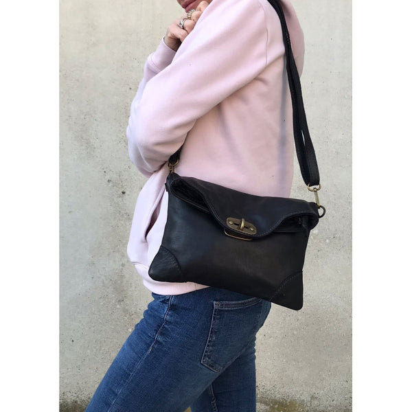 Leather Bag with Metal Fastening in Black, Dark Brown, Military and Cognac