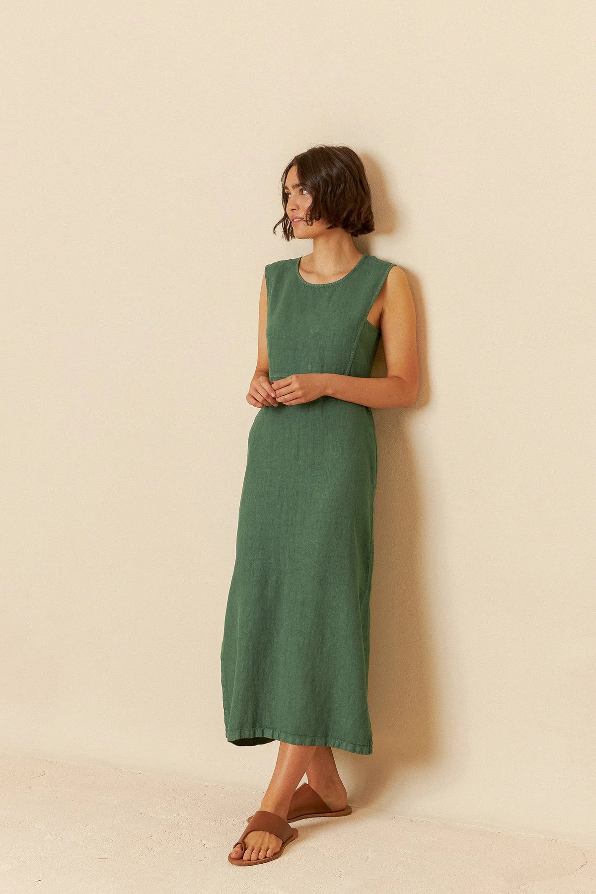 Linen Sleeveless Dress in Emerald