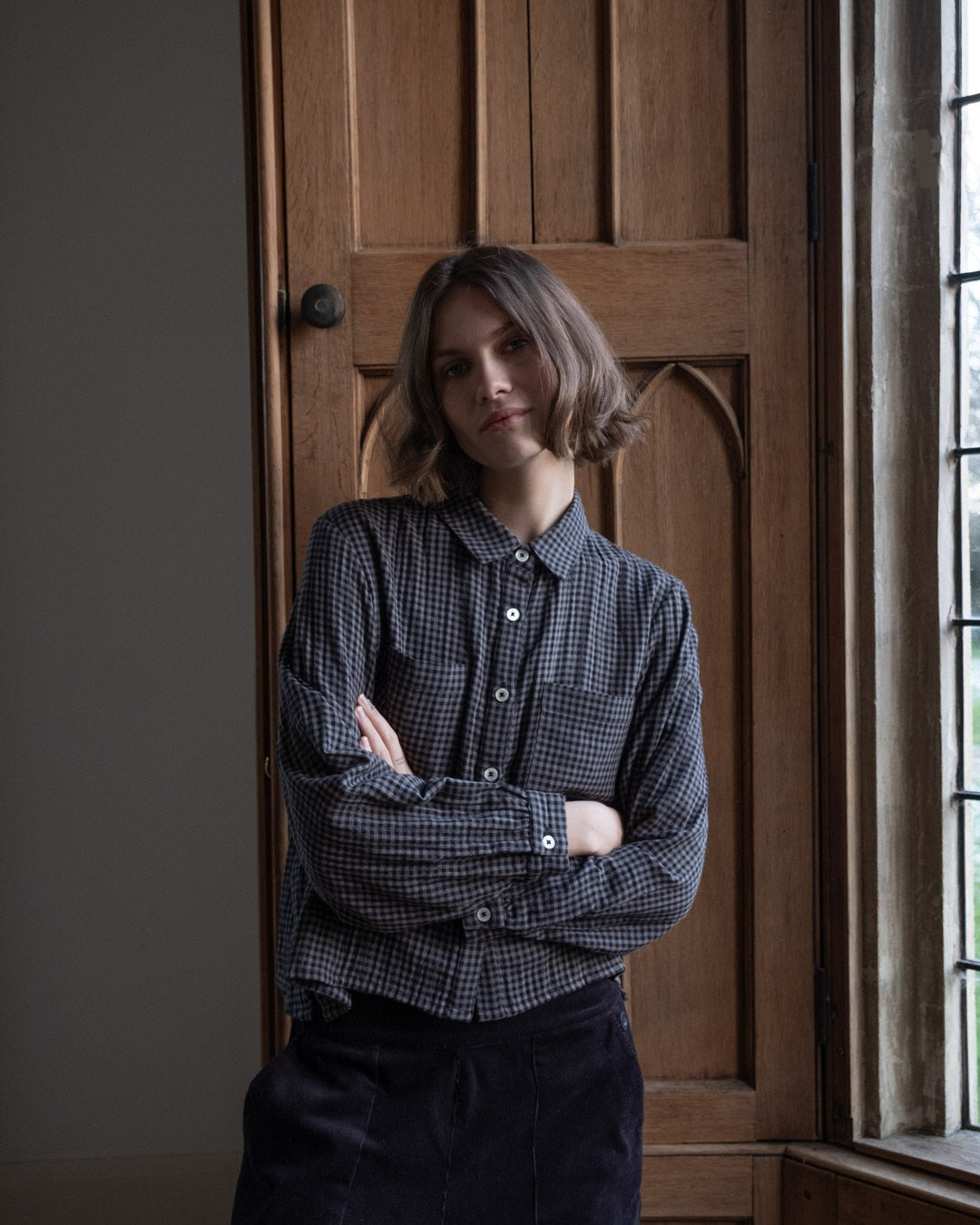 Ada Cropped Shirt in Grey Check