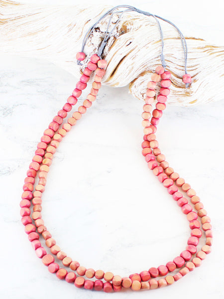 Long Double Strand Wooden Necklace in Pink, Blue and Natural