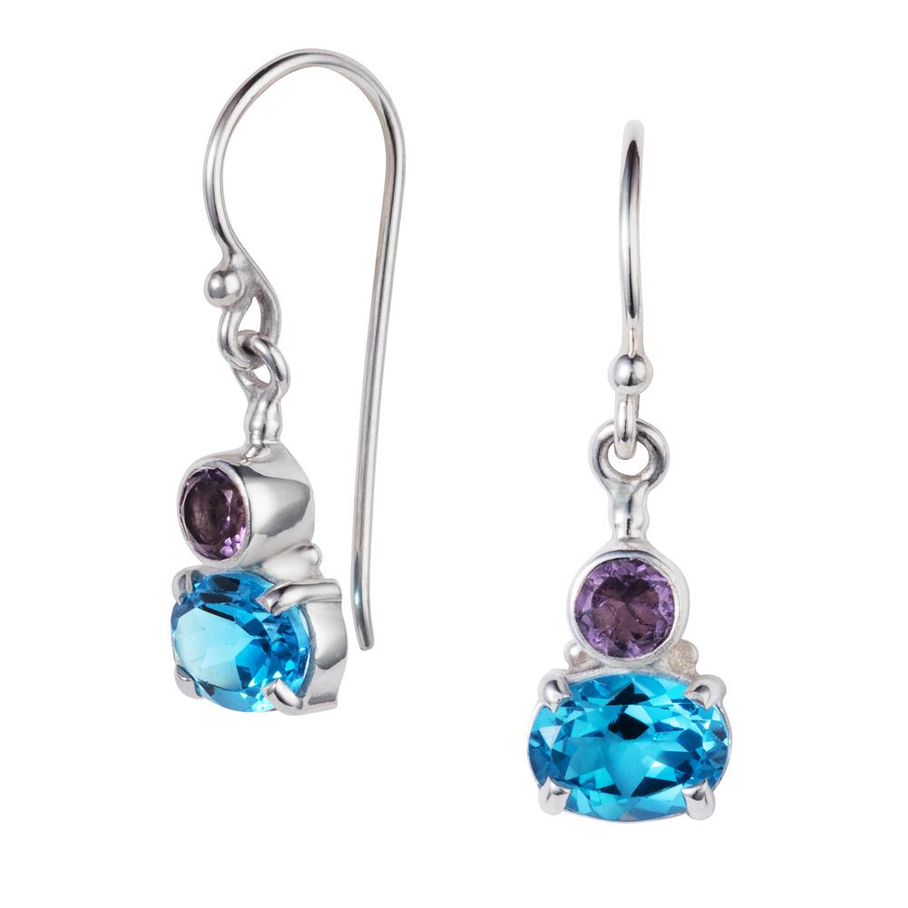 Small Violet Amethyst & Blue Topaz Silver Drop Earring